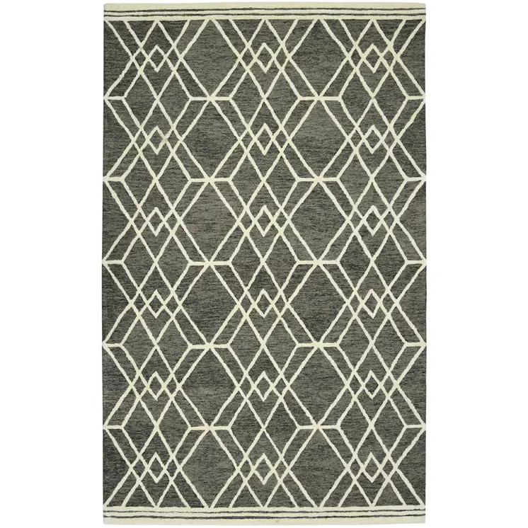 5' X 8' Dark Gray And Ivory Wool Geometric Hand Hooked Area Rug