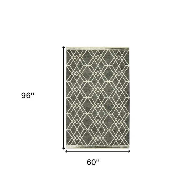 5' X 8' Dark Gray And Ivory Wool Geometric Hand Hooked Area Rug