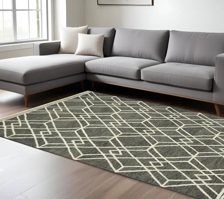 8' X 10' Dark Gray And Ivory Wool Geometric Hand Hooked Area Rug