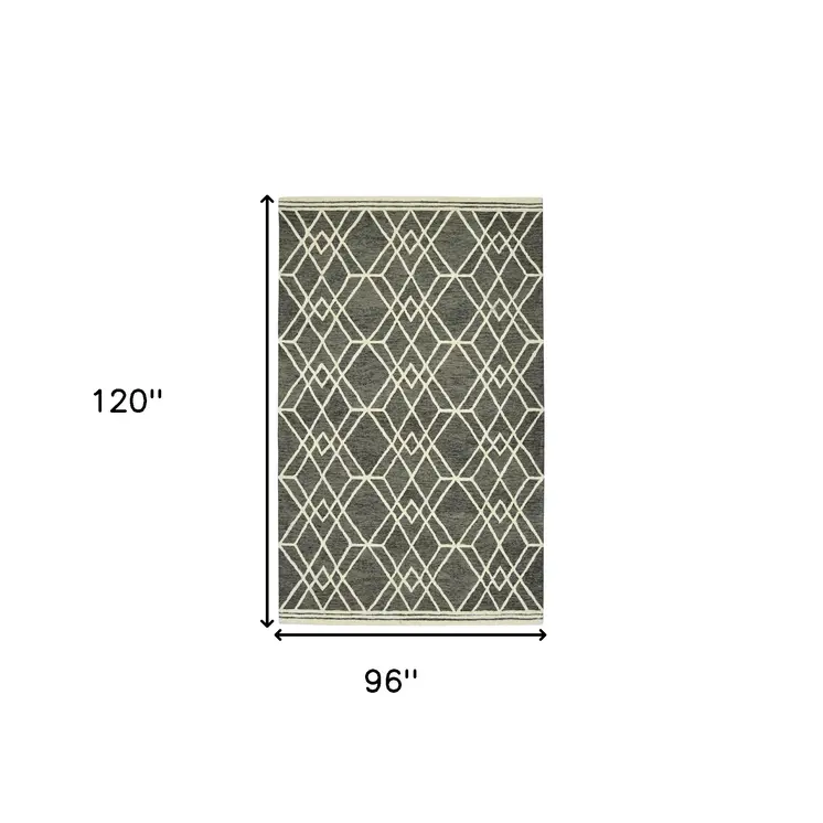 8' X 10' Dark Gray And Ivory Wool Geometric Hand Hooked Area Rug