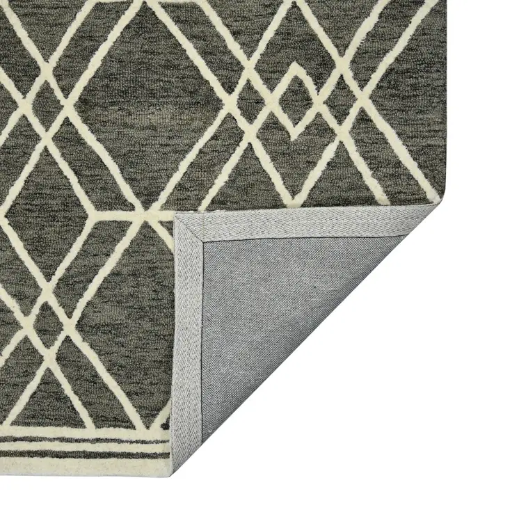 9' X 13' Dark Gray And Ivory Wool Geometric Hand Hooked Area Rug
