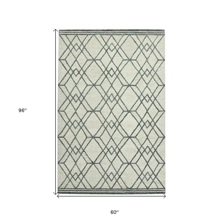 5' X 8' Ivory And Gray Wool Geometric Hand Hooked Area Rug