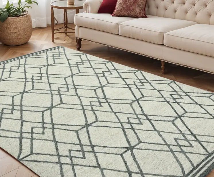 5' X 8' Ivory And Gray Wool Geometric Hand Hooked Area Rug