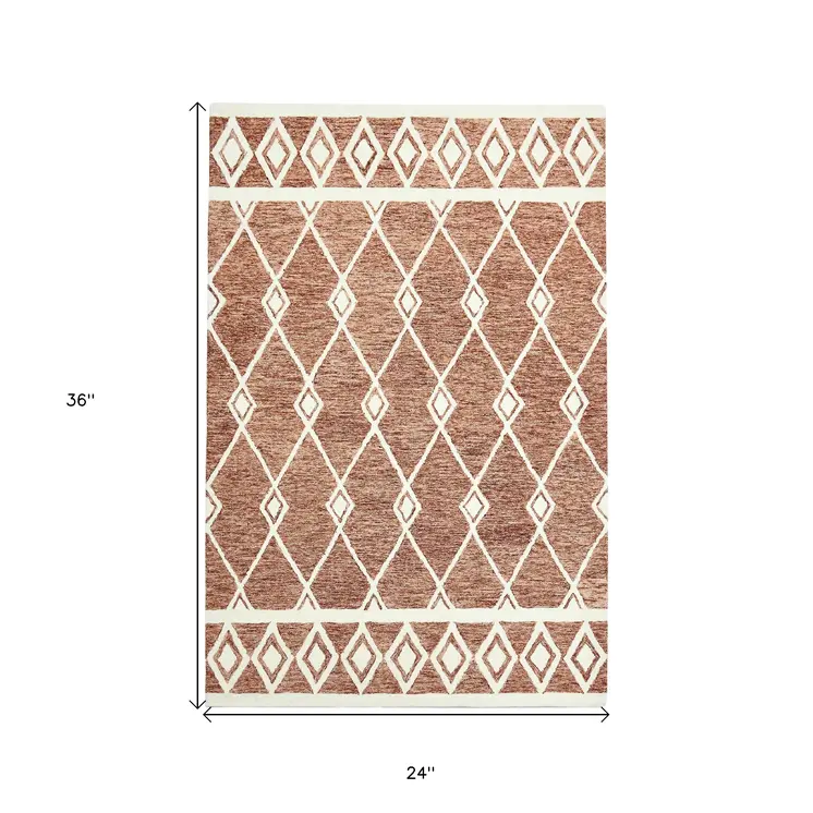 2' X 3' Rust And Ivory Wool Argyle Hand Hooked Area Rug