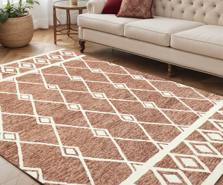 5' X 8' Rust And Ivory Wool Argyle Hand Hooked Area Rug