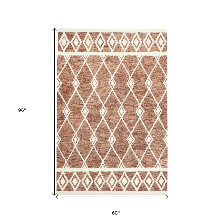 5' X 8' Rust And Ivory Wool Argyle Hand Hooked Area Rug