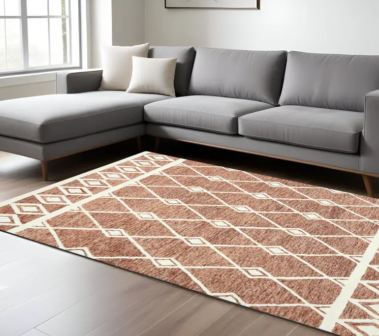 9' X 13' Rust And Ivory Wool Argyle Hand Hooked Area Rug