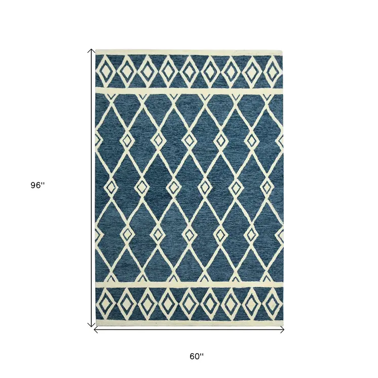 5' X 8' Blue And Ivory Wool Argyle Hand Hooked Area Rug