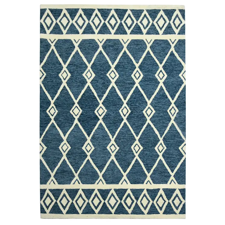 5' X 8' Blue And Ivory Wool Argyle Hand Hooked Area Rug