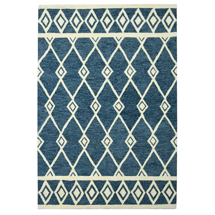 5' X 8' Blue And Ivory Wool Argyle Hand Hooked Area Rug
