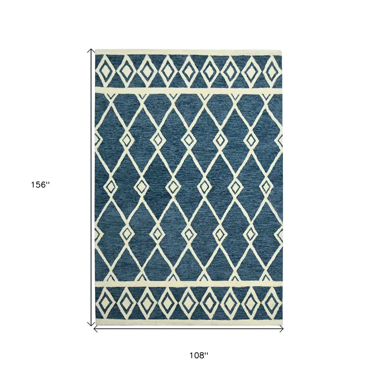 9' X 13' Blue And Ivory Wool Argyle Hand Hooked Area Rug