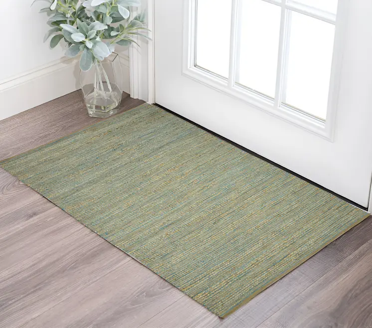 3' X 5' Aqua Beige And Brown Jute Striped Flatweave Handmade Area Rug