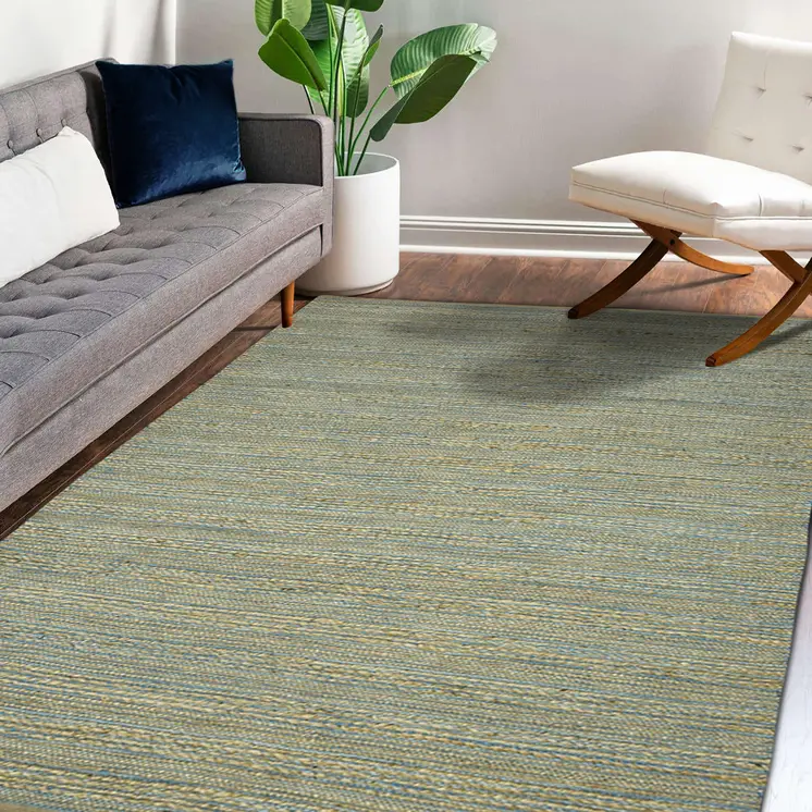 5' X 8' Aqua Beige And Brown Jute Striped Flatweave Handmade Area Rug
