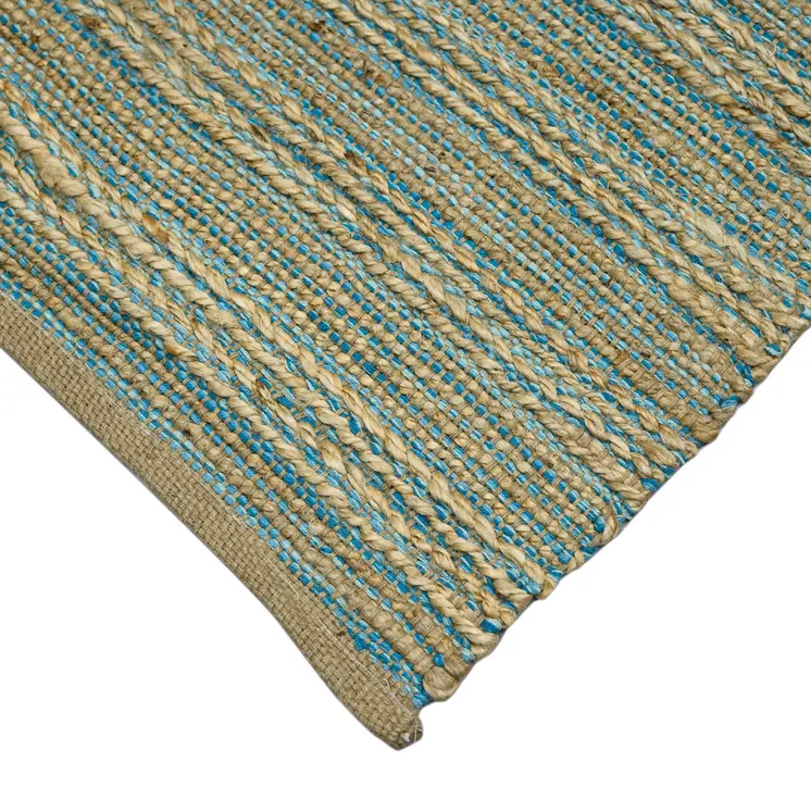 5' X 8' Aqua Beige And Brown Jute Striped Flatweave Handmade Area Rug