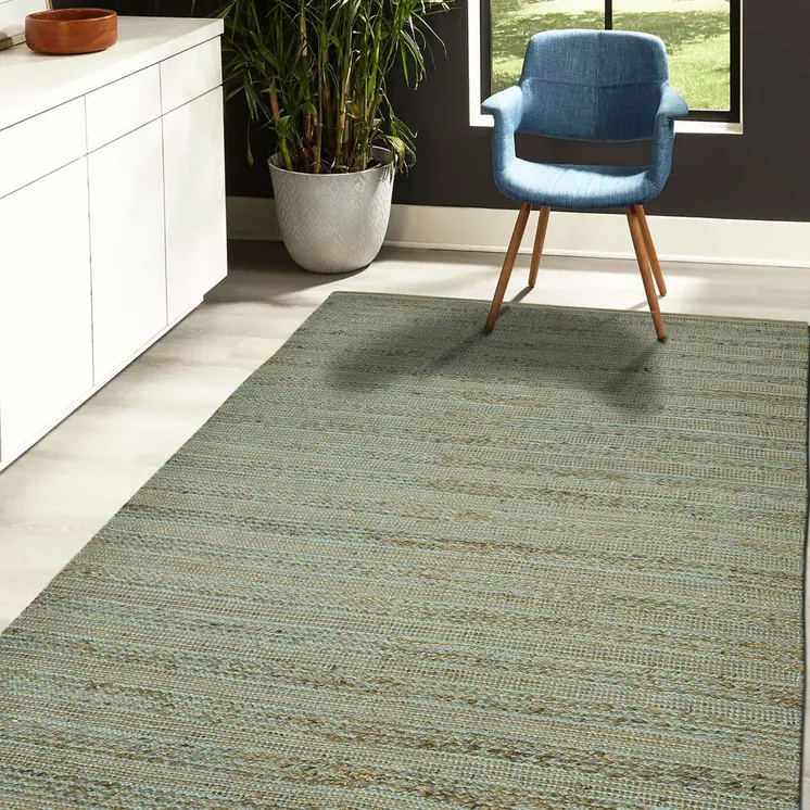 2' X 3' Aqua And Brown Jute Striped Flatweave Handmade Area Rug