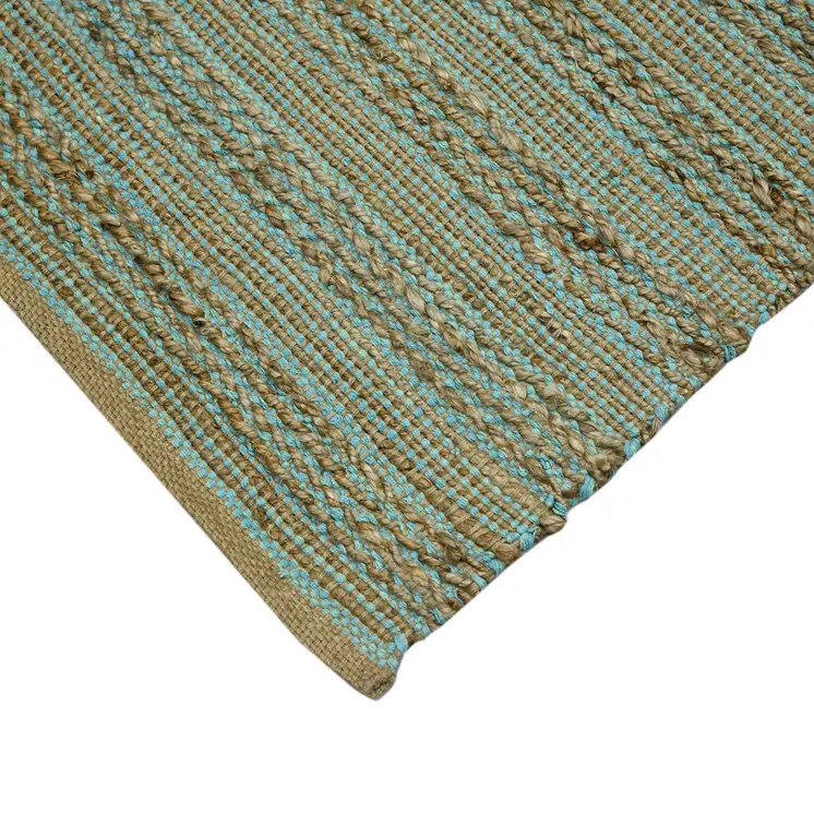 2' X 3' Aqua And Brown Jute Striped Flatweave Handmade Area Rug