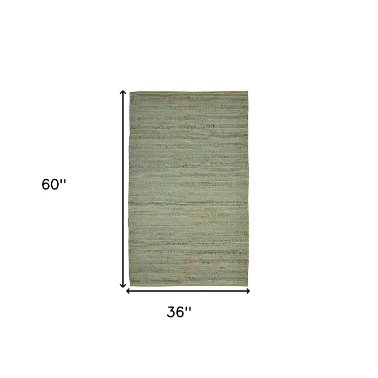 3' X 5' Aqua And Brown Jute Striped Flatweave Handmade Area Rug