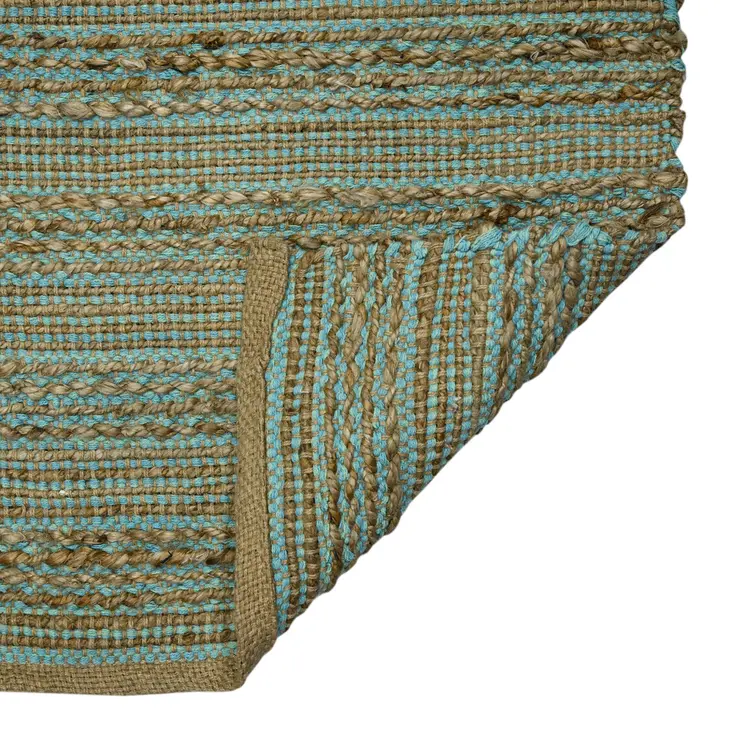 3' X 5' Aqua And Brown Jute Striped Flatweave Handmade Area Rug