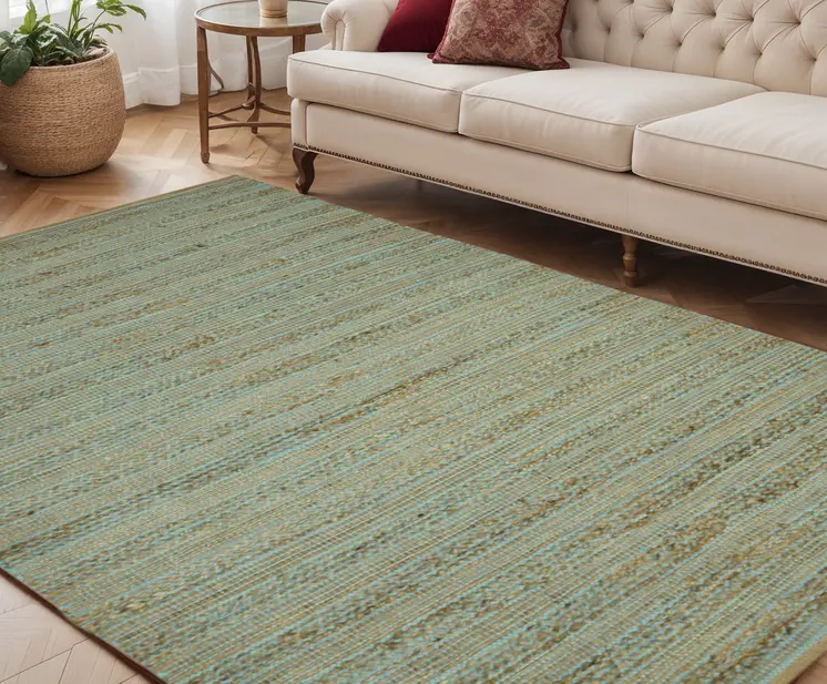5' X 8' Aqua And Brown Jute Striped Flatweave Handmade Area Rug