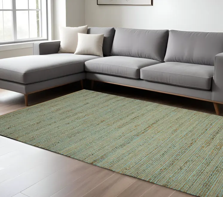 8' X 10' Aqua And Brown Jute Striped Flatweave Handmade Area Rug
