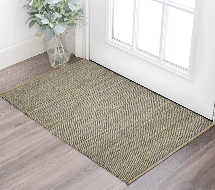 2' X 3' Blue And Beige Jute Striped Flatweave Handmade Area Rug