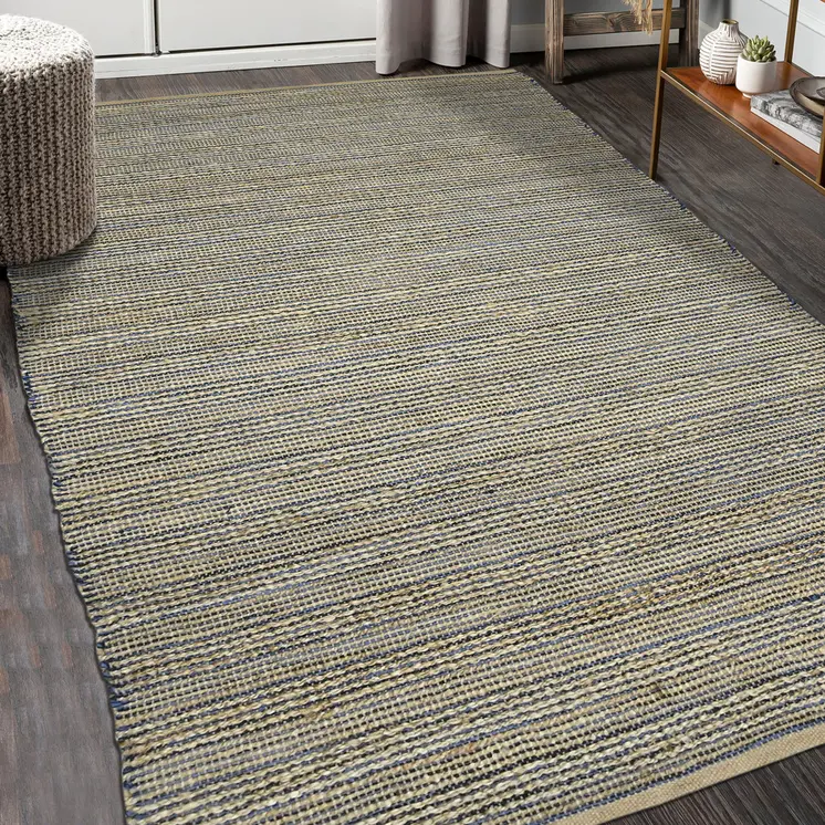 2' X 3' Blue And Beige Jute Striped Flatweave Handmade Area Rug