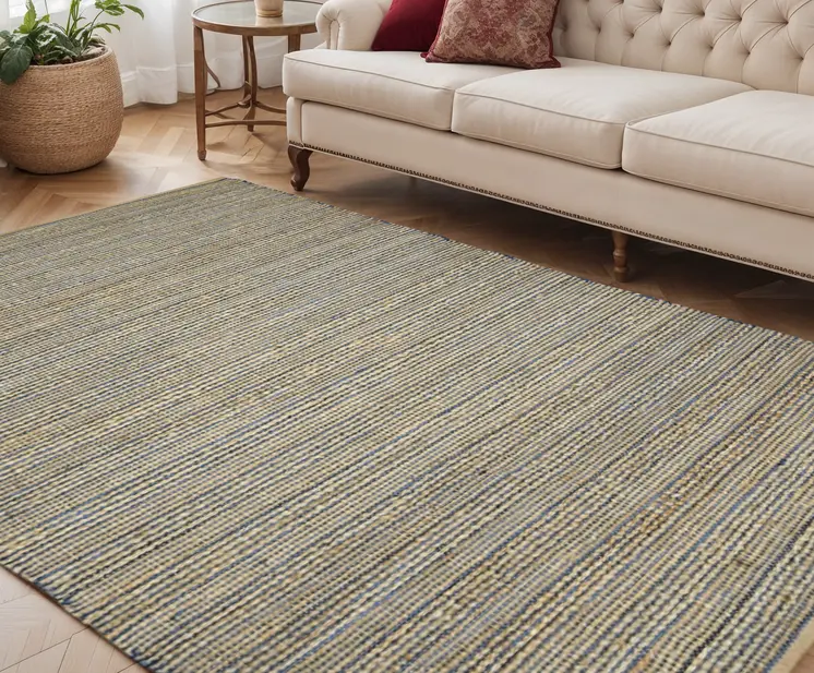 5' X 8' Blue And Beige Jute Striped Flatweave Handmade Area Rug