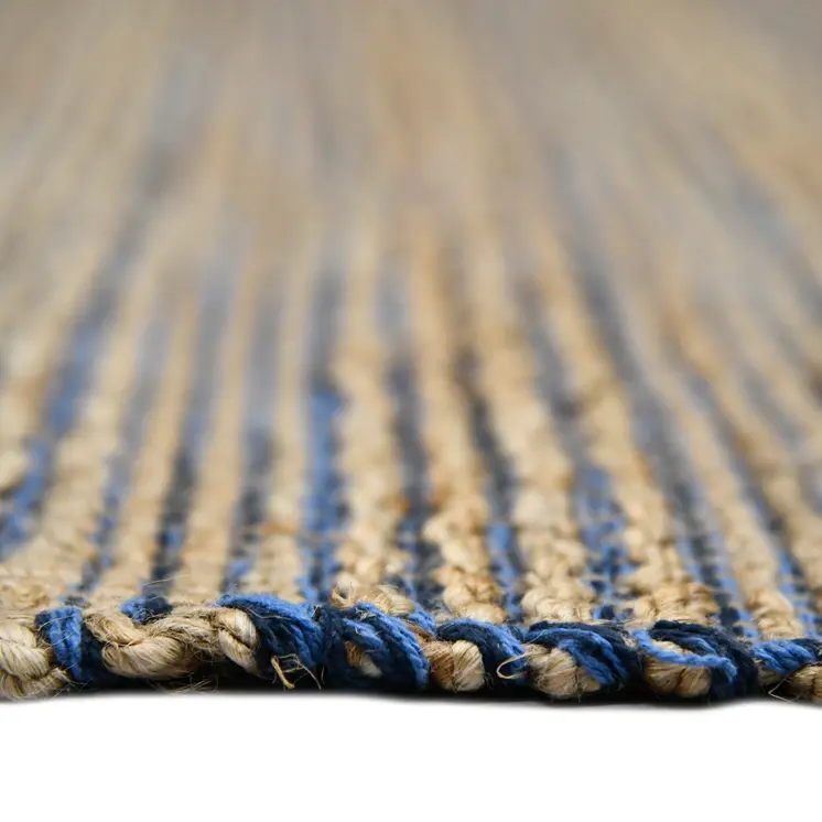5' X 8' Blue And Beige Jute Striped Flatweave Handmade Area Rug