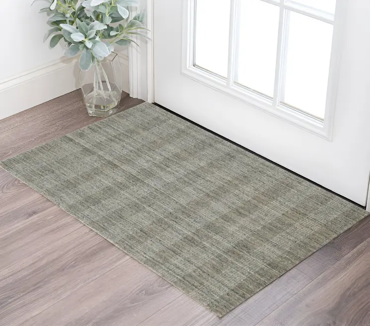 2' X 3' Gray And Beige Wool Plaid Hand Woven Area Rug