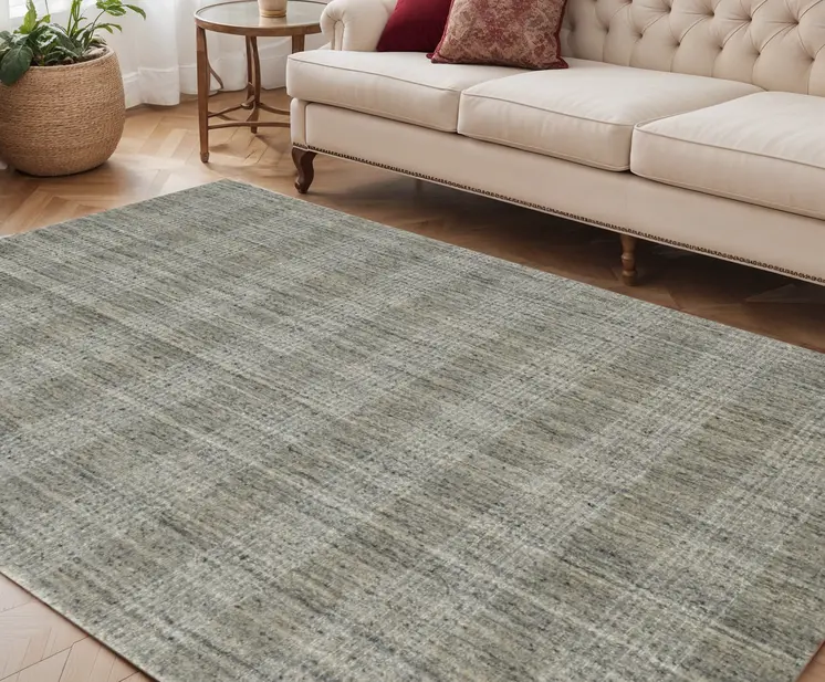 5' X 8' Gray And Beige Wool Plaid Hand Woven Area Rug