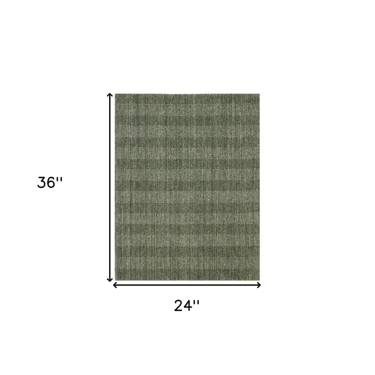 2' X 3' Green Gray And Ivory Wool Plaid Hand Woven Area Rug
