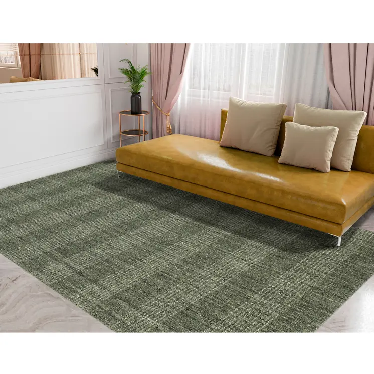 2' X 3' Green Gray And Ivory Wool Plaid Hand Woven Area Rug