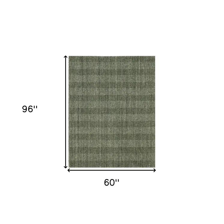 5' X 8' Green Gray And Ivory Wool Plaid Hand Woven Area Rug
