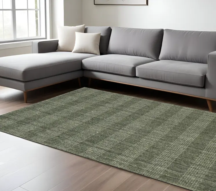 10' X 14' Green Gray And Ivory Wool Plaid Hand Woven Area Rug