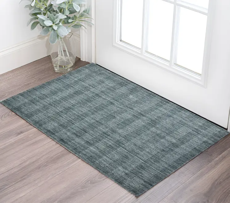 2' X 3' Blue And Ivory Wool Plaid Hand Woven Area Rug