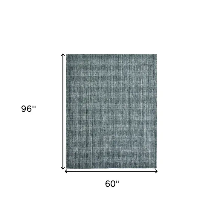 5' X 8' Blue And Ivory Wool Plaid Hand Woven Area Rug