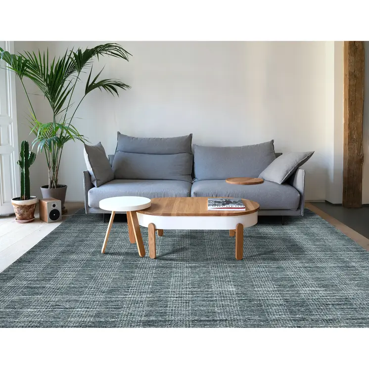 5' X 8' Blue And Ivory Wool Plaid Hand Woven Area Rug