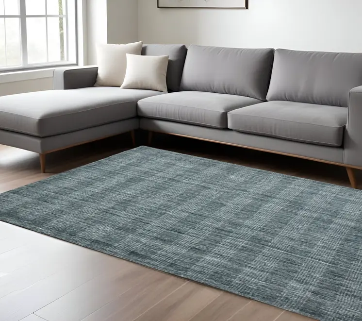 9' X 12' Blue And Ivory Wool Plaid Hand Woven Area Rug