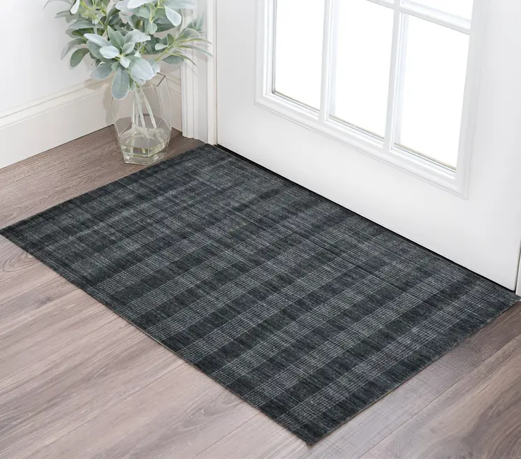 2' X 3' Charcoal And Gray Wool Plaid Hand Woven Area Rug