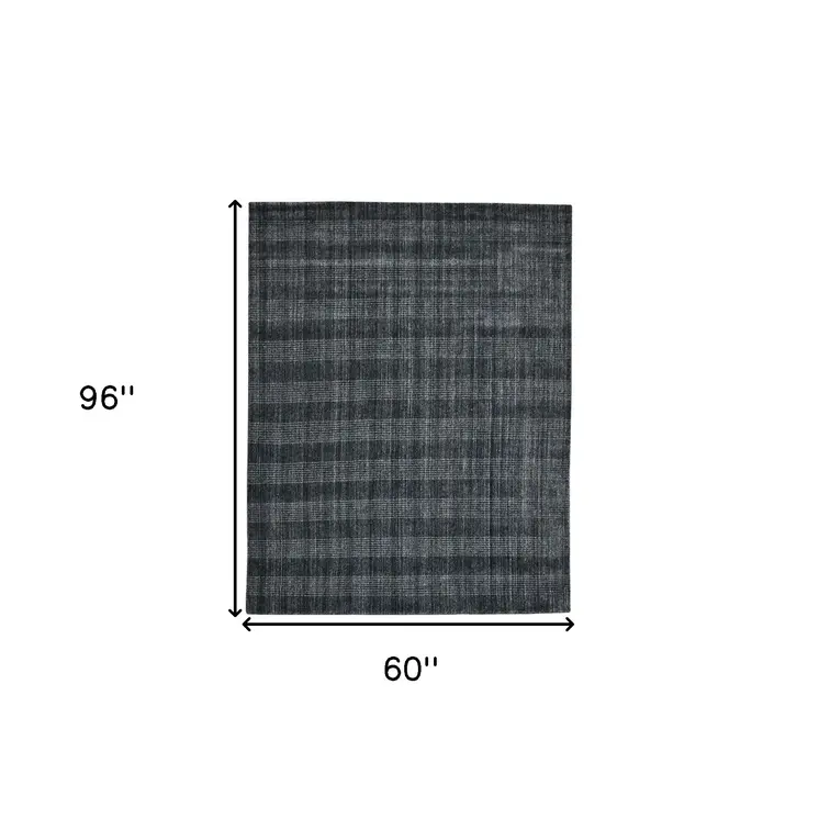 5' X 8' Charcoal And Gray Wool Plaid Hand Woven Area Rug