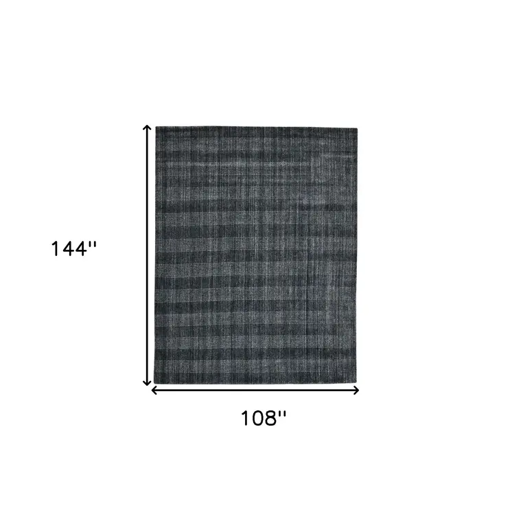 9' X 12' Charcoal And Gray Wool Plaid Hand Woven Area Rug