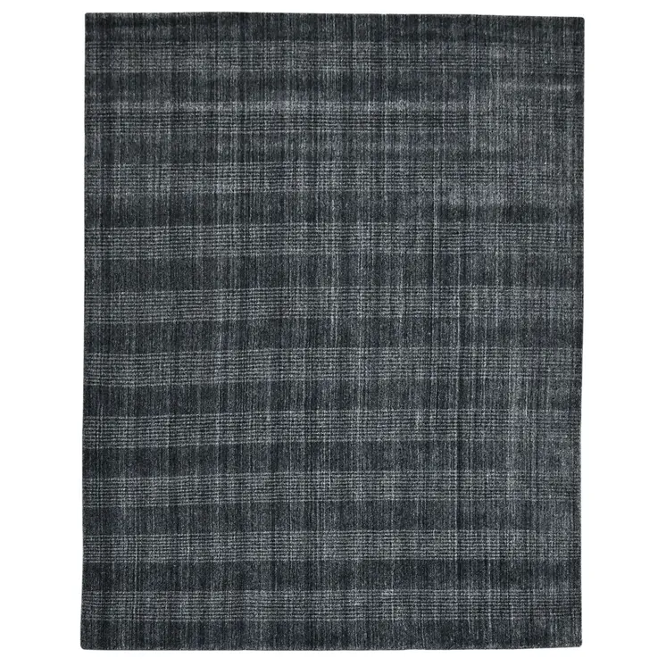 9' X 12' Charcoal And Gray Wool Plaid Hand Woven Area Rug