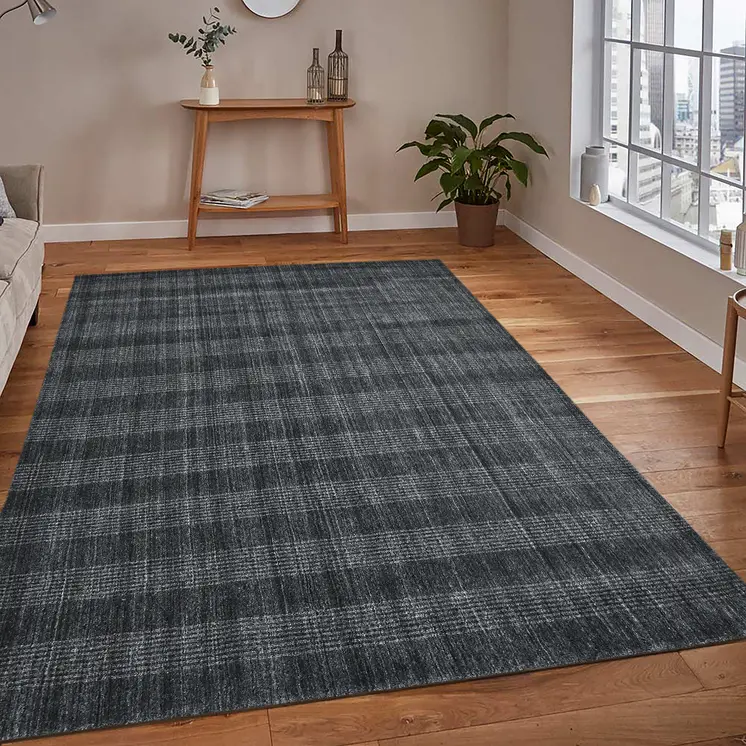 9' X 12' Charcoal And Gray Wool Plaid Hand Woven Area Rug