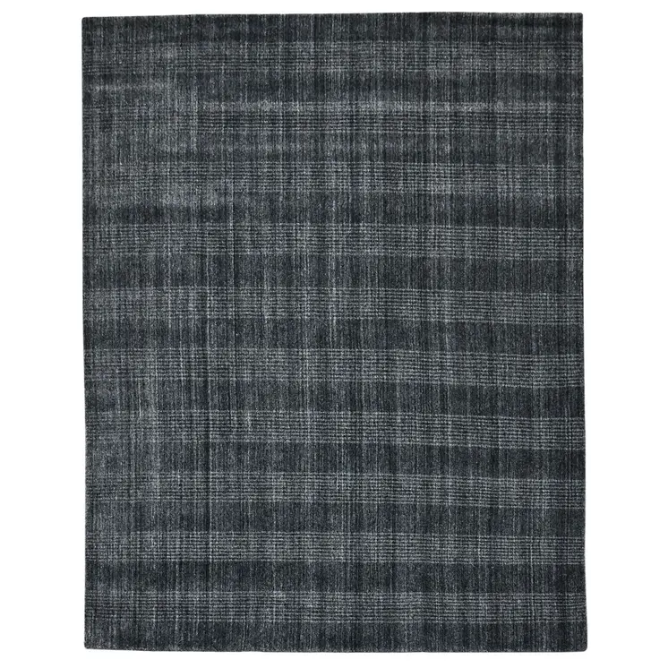 9' X 12' Charcoal And Gray Wool Plaid Hand Woven Area Rug