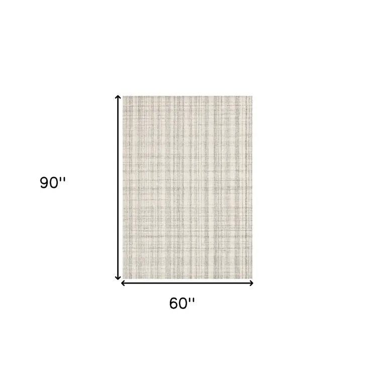 5' X 7' Ivory And Gray Wool Plaid Hand Tufted Area Rug
