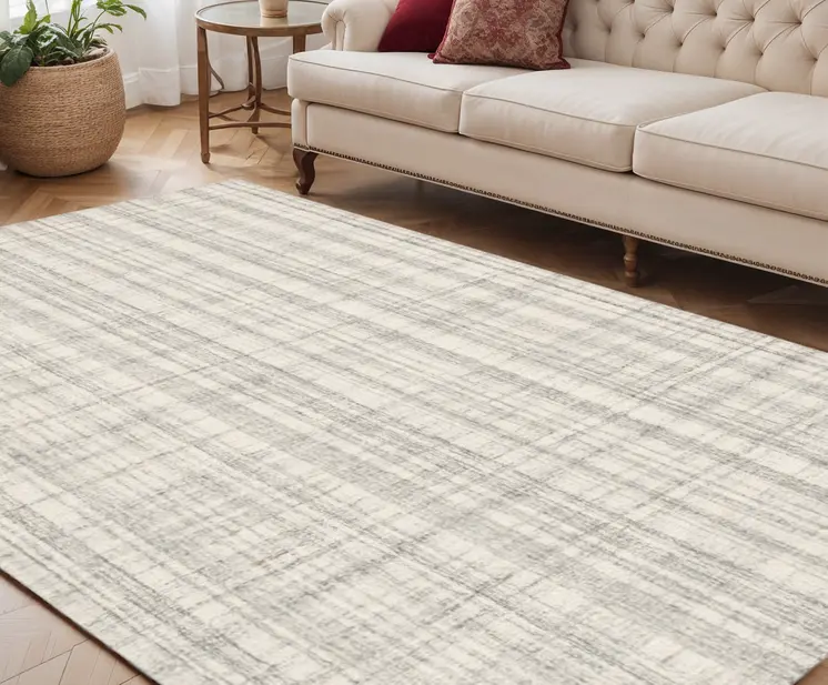 5' X 7' Ivory And Gray Wool Plaid Hand Tufted Area Rug