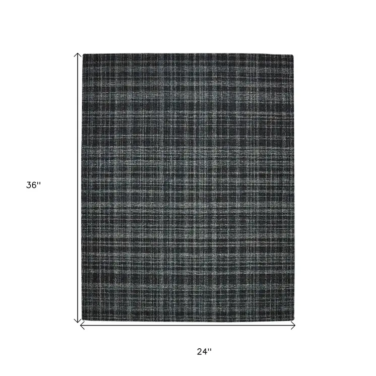 2' X 3' Black Ivory And Charcoal Wool Plaid Hand Tufted Area Rug