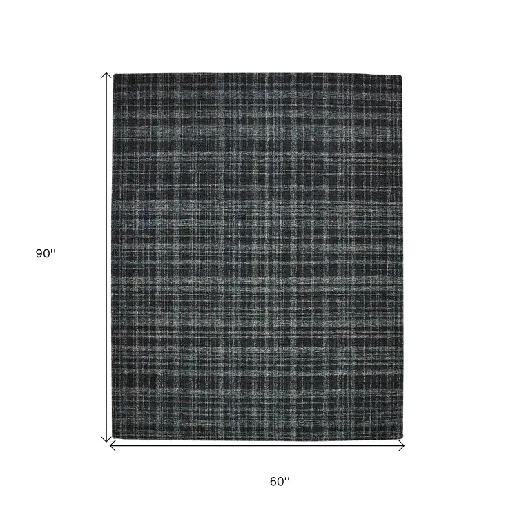 5' X 7' Black Ivory And Charcoal Wool Plaid Hand Tufted Area Rug