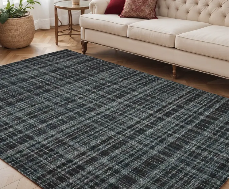 5' X 7' Black Ivory And Charcoal Wool Plaid Hand Tufted Area Rug