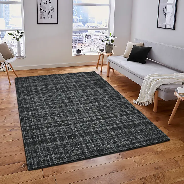 8' X 10' Black Ivory And Charcoal Wool Plaid Hand Tufted Area Rug
